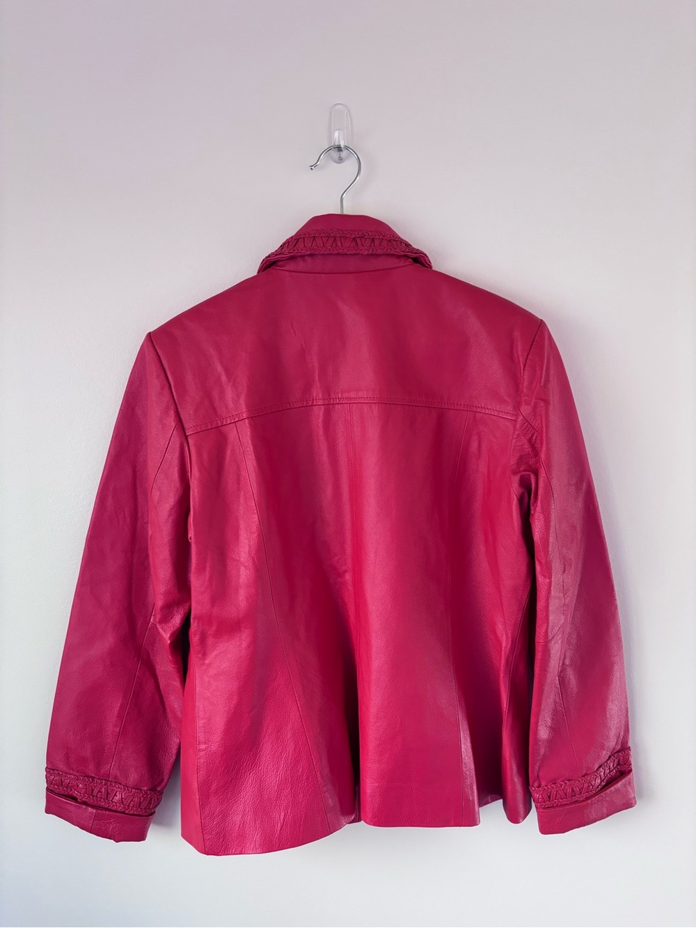Vintage Ruby Red Leather Woven Statement Jacket by Guillaume (Size Medium) - Picture 3 of 10